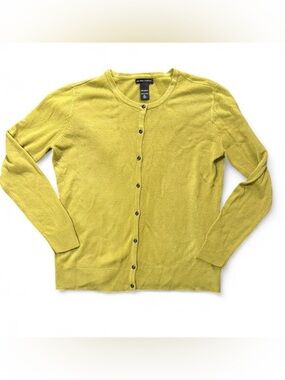 New York & Company Yellow-Green Button-Up Crewneck Cardigan